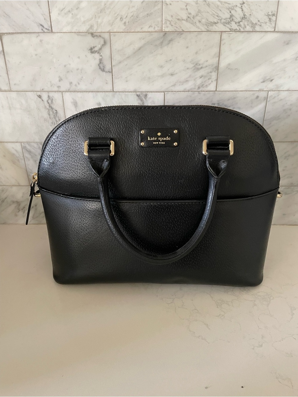 kate spade Black Leather Dome Satchel with Gold Hardware